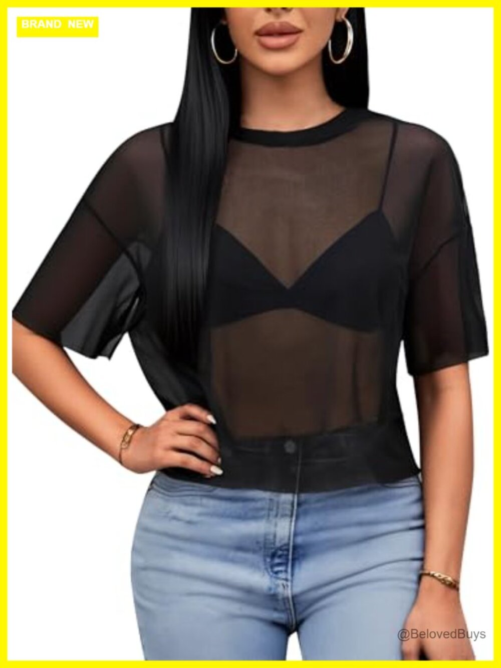 Sheer Mesh Crop Top Short Sleeve Crewneck Loose Fit T-Shirt